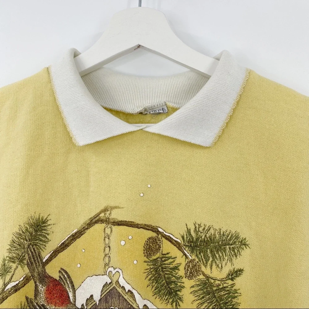 Vintage collared yellow sweatshirt with birds - Picture 3 of 5